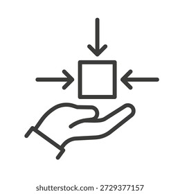 compact size icon, small object, portable size, arrows around square in hand, line vector illustration
