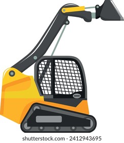 Compact Skid Steer Loader with Bucket and Track Icon in Flat Style. Vector Illustration