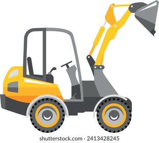 Compact Skid Steer Loader with Bucket and Wheels Icon in Flat Style. Vector Illustration