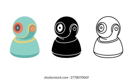 Compact smart home camera or pet monitor with a rotating lens and a power button, indicating modern surveillance and connectivity.