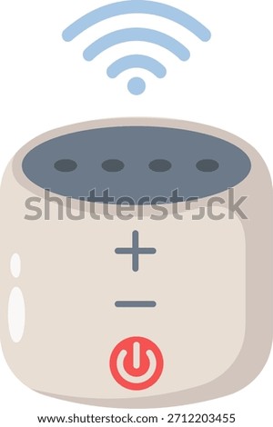 A compact smart speaker with a WiFi signal icon above it and control buttons for volume and power on its front surface, depicted in a flat design style.