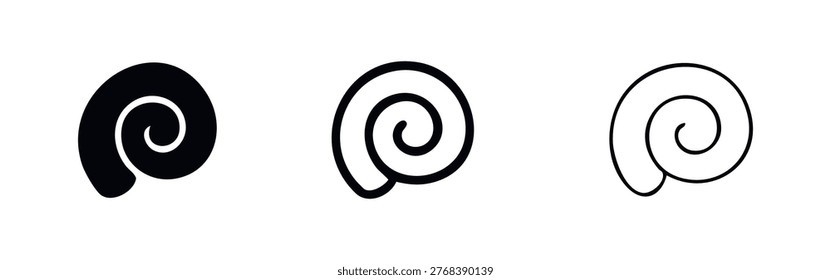 Compact spiral shell icon set. Simple abstract swirl symbol.