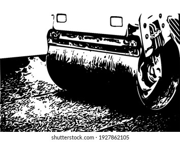 Compact steamroller flatten out the asphalt