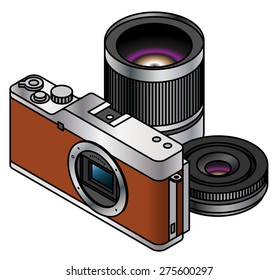 A compact system / mirrorless interchangeable lens camera body. Shown with two lenses.