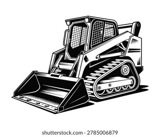 Compact track loader construction vehicle illustration, heavy machinery equipment design with bucket attachment for industrial excavation projects