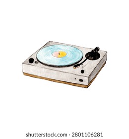 Compact turntable with blue vinyl on white base featuring tonearm cartridge and motor