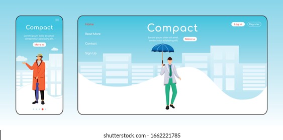 Compact umbrella landing page flat color vector template. Mobile display. Man in jacket homepage layout. Wet day one page website interface, cartoon character. Fashionable male web banner, webpage