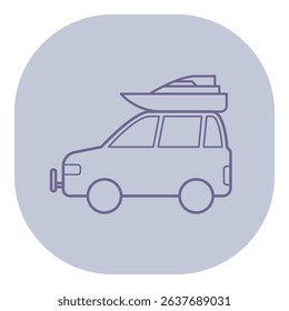Compact vehicle equipped with boat on its roof ready for outdoor adventure. Trip to lake or river for water activities concept