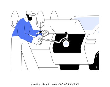 Compact vehicle solution isolated cartoon vector illustrations. Man folding electric scooter, compact foldable model, transportable in car, urban lifestyle, city transportation vector cartoon.