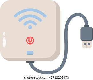 Um roteador Wi-Fi portátil, compacto e branco, com um botão liga/desliga, indicador de sinal e um cabo USB conectado, ideal para acesso à Internet em qualquer lugar.