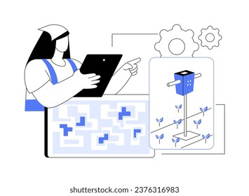Vergleichsprofil Sensing einzelne Cartoon Vektorgrafiken. Feldarbeiter mit Tablet kontrolliert Bodeneigenschaften, Umweltbedingungen, intelligente Landwirtschaft, Präzision Landwirtschaft, Vektorgrafik.