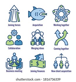 Companies merging together, one buying out the other - icon set banner