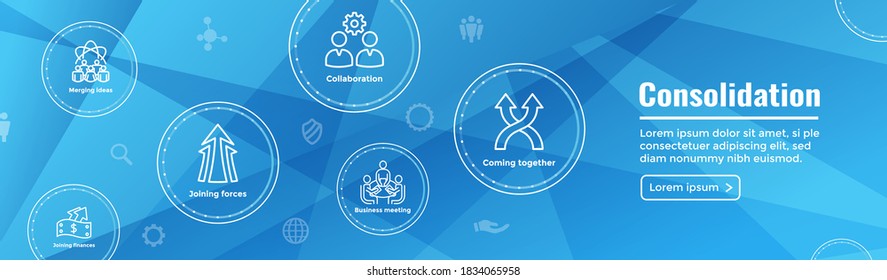 Companies merging together, one buying out the other - icon set web banner