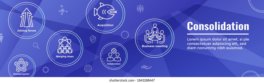 Companies merging together, one buying out the other - icon set web banner