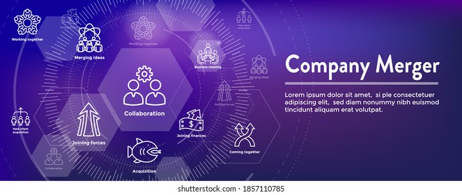 Companies merging together, one buying out the other - icon set web banner