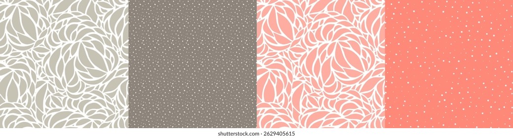 Companion fabrics set. Abstract floral and spots seamless pattern bundle. Abstract leafsand spots rapport. Floral seamless patterns for surface design, wrap, fabric, textile, print, packing. Pink and 