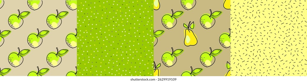 Companion fabrics set. Abstract fruits and spots seamless pattern bundle. Apples and pears seamless patterns for surface design, wrap, fabric, textile, print, packing. 