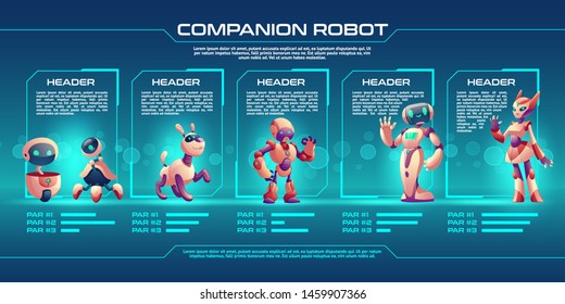 Companion robot evolution timeline infographics, Robotics progress stages from small droid to humanised cyborg. Game character unit design, level up upgrade guide with development steps Cartoon vector