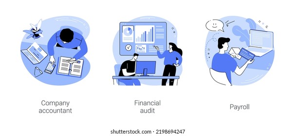 Company accountancy isolated cartoon vector illustrations set. Professional accountant making financial report, profit and loss calculation, financial audit, holding payroll document vector cartoon.