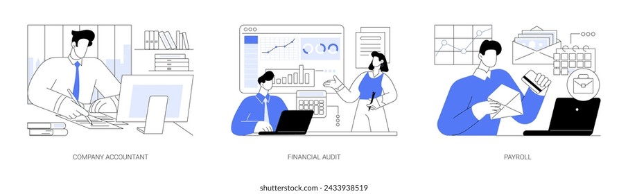 Company accountancy isolated cartoon vector illustrations set. Professional accountant making financial report, profit and loss calculation, financial audit, holding payroll document vector cartoon.