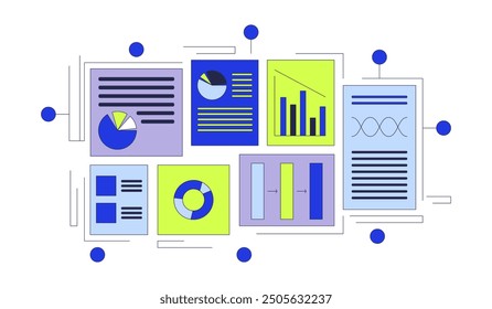 Empresa de documentos de contabilidad 2D objeto de dibujos animados. Estadísticas de marketing aislado elemento de Vector plano fondo blanco. Rendimiento laboral. Gráficos de ganancias financieras gráficos circulares ilustración de manchas de color