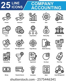 Company Accounting Icon Set Collection. Containing Income, Insurance, Increase, Decrease, Gear, Organization, Money Bag, Banking, Target Money, Budget, Accounting. Simple Line Vector Illustration.