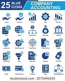 Company Accounting Icon Set Collection. Containing Income, Insurance, Increase, Decrease, Gear, Organization, Money Bag, Banking, Target Money, Budget, Accounting. Simple Blue Vector Illustration.