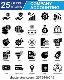 Company Accounting Icon Set Collection. Containing Income, Insurance, Increase, Decrease, Gear, Organization, Money Bag, Banking, Target Money, Budget, Accounting. Simple Glyph Vector Illustration.