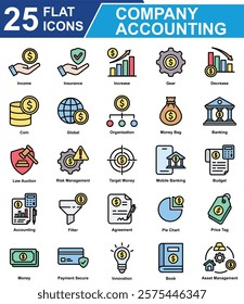 Company Accounting Icon Set Collection. Containing Income, Insurance, Increase, Decrease, Gear, Organization, Money Bag, Banking, Target Money, Budget, Accounting. Simple Flat Vector Illustration.