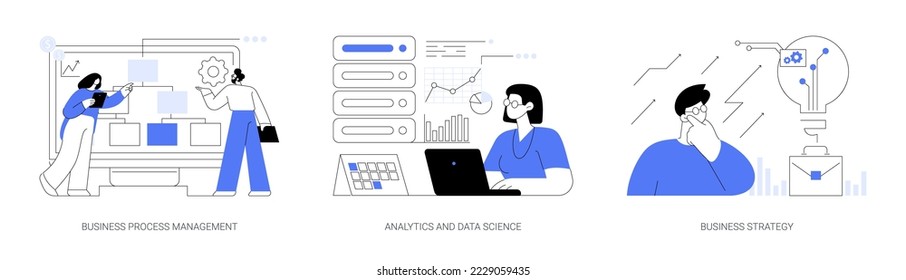 Company achievement abstract concept vector illustration set. Business process management, analytics and data science, business strategy, dashboard software, decision making abstract metaphor.