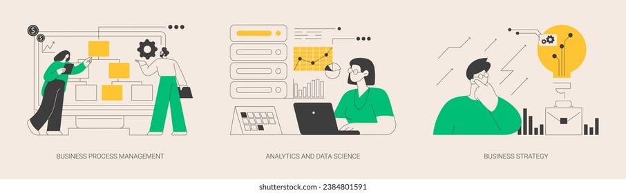 Company achievement abstract concept vector illustration set. Business process management, analytics and data science, business strategy, dashboard software, decision making abstract metaphor.