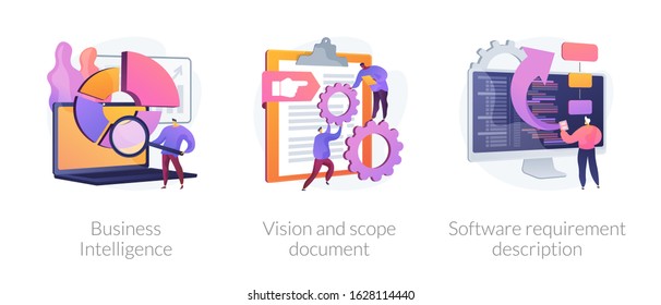 Company activity stats automation. Paperwork optimization. Business intelligence, vision and scope document, software requirement description metaphors. Vector isolated concept metaphor illustrations