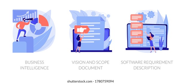 Company activity stats automation. Paperwork optimization. Business intelligence, vision and scope document, software requirement description metaphors. Vector isolated concept metaphor illustrations