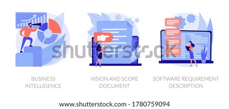 Company activity stats automation. Paperwork optimization. Business intelligence, vision and scope document, software requirement description metaphors. Vector isolated concept metaphor illustrations