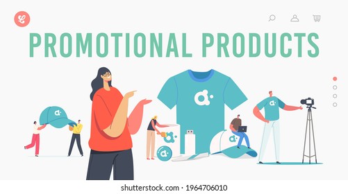 Company Advert Landing Page Template. Tiny Characters with Huge Promotional Products for Brand Identity. Woman Presenting T-Shirt, Cap, Usb Memory Stick and Mug. Cartoon People Vector Illustration