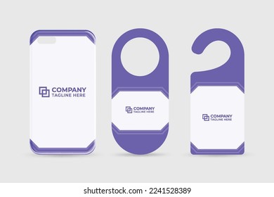 Company advertisement template design with purple shapes. Business office stationery design with abstract shapes. Branding layout design for corporate business on a phone case and door hangers.