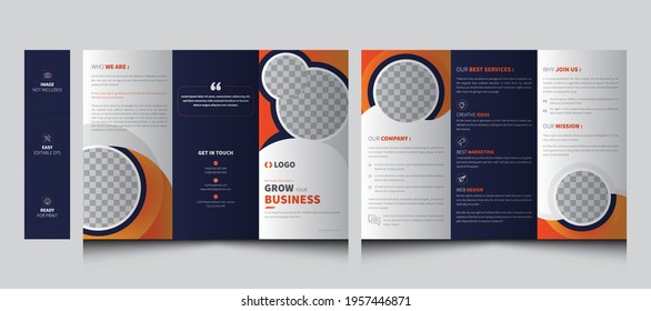 Company Agency Trifold Brochure Template. Business Marketing Tri Fold Flyer, Poster, Brochure with Yellow Cercle. 