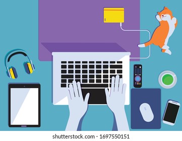 The company allows employees to work from home to avoid viruses.Top view of graphic designer  workplace on background. 