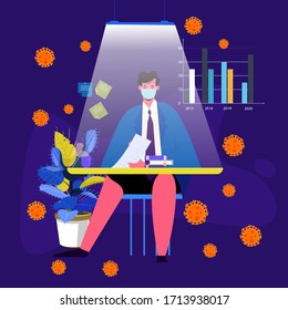 Company Allows Employees to Work from Home for Protection Coronavirus. Man Work with Wear Mask for Protection against Viral Pandemic COVID19 with Cozy Home Situation. Design concept Illustration