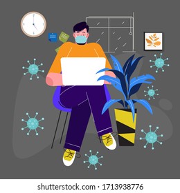 Company Allows Employees to Work from Home for Protection Coronavirus. Man Work with Wear Mask for Protection against Viral Pandemic COVID19 With Cozy Home Situation. Design concept Illustration