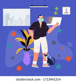 Company Allows Employees to Work from Home for Protection Coronavirus. Man Work with Wear Mask for Protection against Viral Pandemic COVID19 with Cozy Home Situation. Design concept Illustration