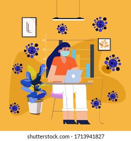 Company Allows Employees to Work from Home for Protection Coronavirus. Woman Work with Wear Mask for Protection against Viral Pandemic COVID19 with Cozy Home Situation. Design concept Illustration