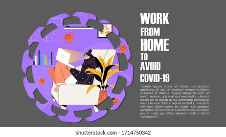 Company Allows Employees to Work from Home for Protection Coronavirus. Woman Work with Wear Mask for Protection against Viral Pandemic COVID19 with Cozy Home Situation. Design concept Illustration