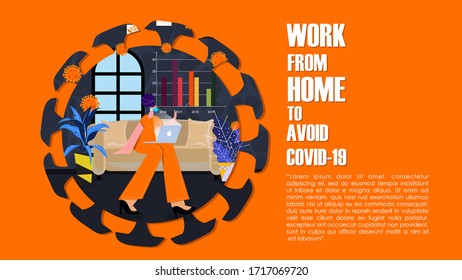 Company Allows Employees to Work from Home for Protection Coronavirus. Woman Work with Wear Mask for Protection against Viral Pandemic COVID19 with Cozy Home Situation. Design concept Illustration