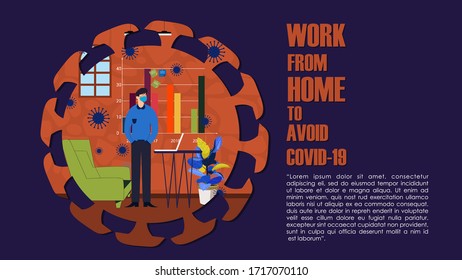 Company Allows Employees to Work from Home for Protection Coronavirus. Man Work with Wear Mask for Protection against Viral Pandemic COVID19 with Cozy Home Situation. Design concept Illustration