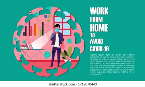 Company Allows Employees to Work from Home for Protection Coronavirus. Man Work with Wear Mask for Protection against Viral Pandemic COVID19 with Cozy Home Situation. Design concept Illustration