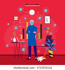 Company Allows Employees to Work from Home for Protection Coronavirus. Man Work with Wear Mask for Protection against Viral Pandemic COVID19 with Cozy Home Situation. Design concept Illustration