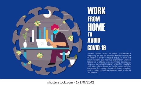 Company Allows Employees to Work from Home for Protection Coronavirus. Man Work with Wear Mask for Protection against Viral Pandemic COVID19 with Cozy Home Situation. Design concept Illustration