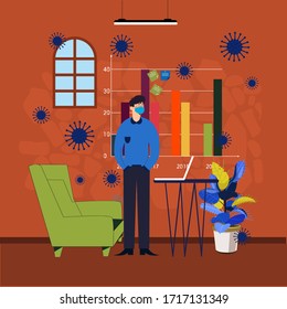 Company Allows Employees to Work from Home for Protection Coronavirus. Man Work with Wear Mask for Protection against Viral Pandemic COVID19 with Cozy Home Situation. Design concept Illustration