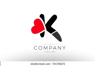 Company Alphabet Letter K Logo Design With Red Love Heart Symbol